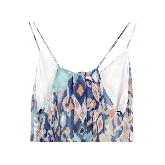 NWT Sleeveless Boho Ruffle Printed Woven Blue Green Cami Maxi Dress - Picture 8 of 12